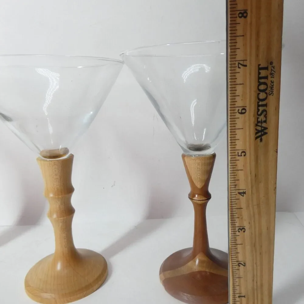 3 Turned Wood Stem Martini Glasses Signed Handmade Wooden